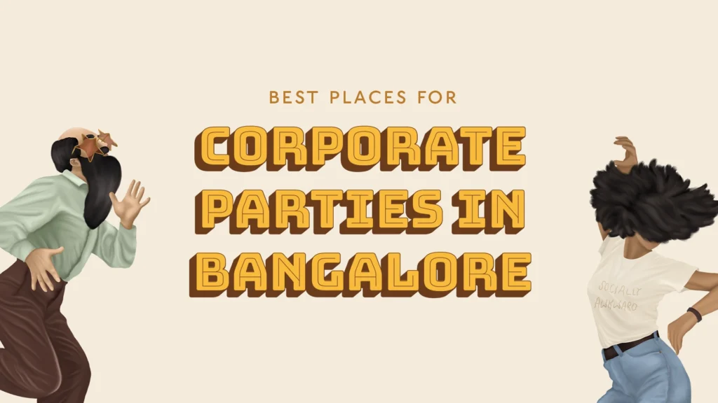 Graphic banner for a guide on corporate parties in Bangalore, featuring a fun illustration of coworkers dancing at Biergarten, one of the top corporate party places in Bangalore.