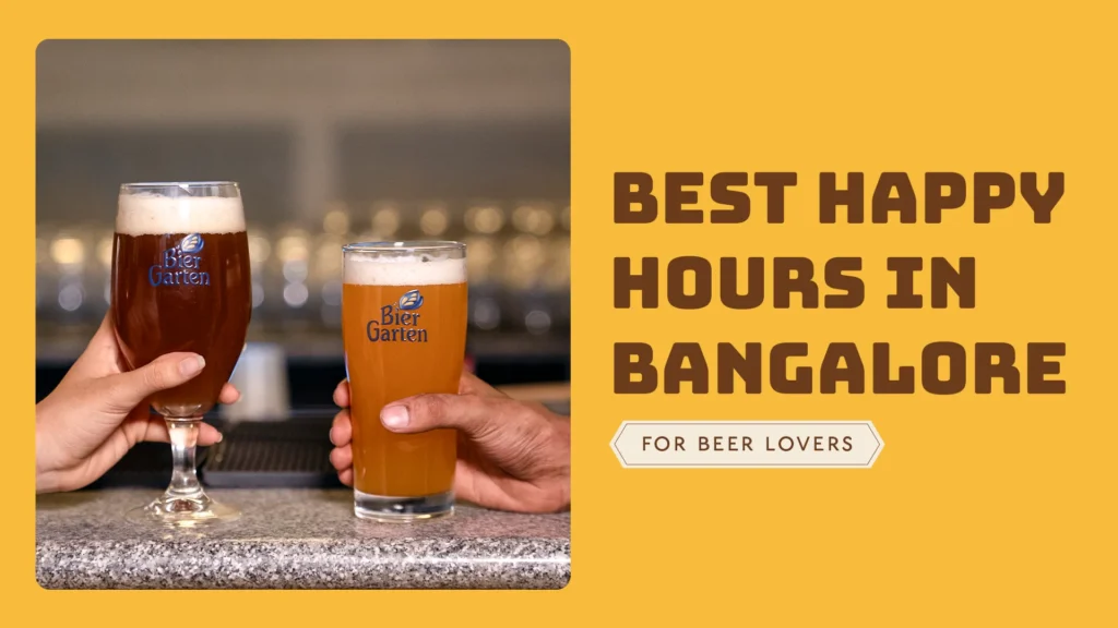 Two people clinking glasses of fresh craft beer at a granite counter, featuring text reading "Best Happy Hours in Bangalore for Beer Lovers" on a yellow background.