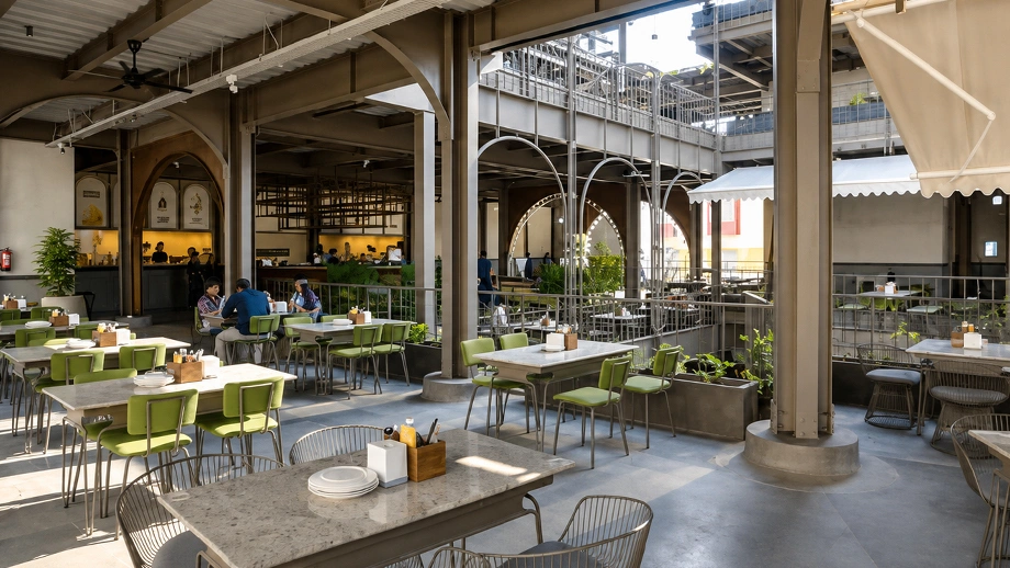 Spacious open-air dining area at Biergarten, perfect for relaxing weekend plans in Bangalore.